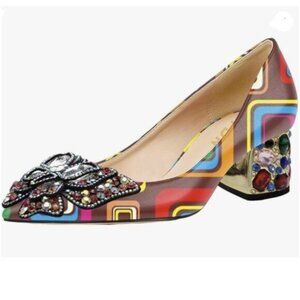 YDN Women Pointed Toe Bow Pump Colorful Rhinestone Block Low Heel Butterfly